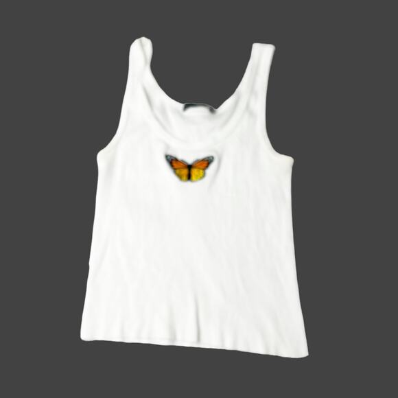 Brandy Melville Butterfly Embroidered White Ribbed Basic Tank Top Size Small - Picture 2 of 7